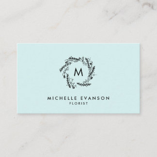Carte De Visite Monogramme Aqua Blue et Black Floral Wreath