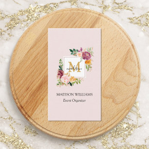 Carte De Visite Monogramme Aquarelle Roses Colorées Fleur Floral