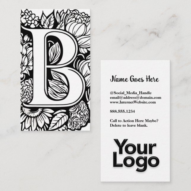 Carte De Visite Monogramme B Floral Black and White Company Logo (Devant / Derrière)