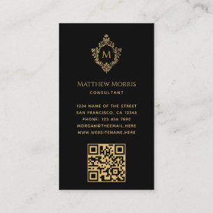 Carte De Visite Monogramme Black Faux Gold Crest Elegant QR sur le