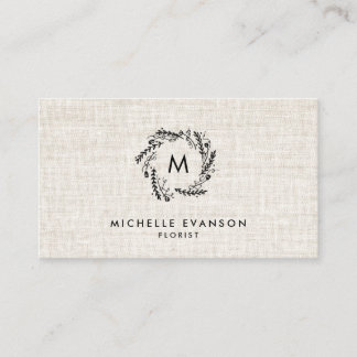 Carte De Visite Monogramme Black Floral Wreath Tan Linen Fleuriste