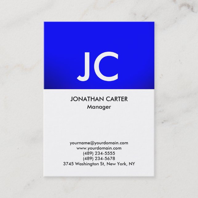 Carte De Visite Monogramme blanc bleu vertical professionnel uni (Devant)