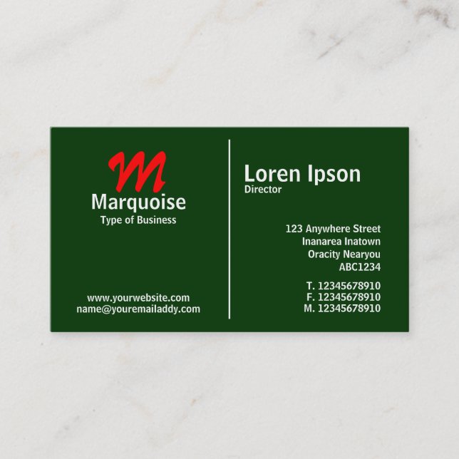 Carte De Visite Monogramme blanc de règle moyenne - Vert foncé (Devant)