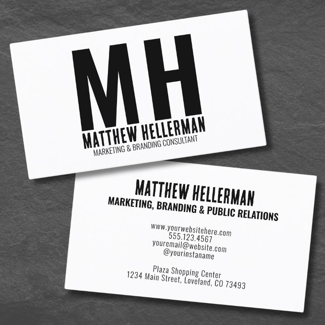 Carte De Visite Monogramme blanc noir simple professionnel (Simple Modern Minimal Black White Monogram Business Card )
