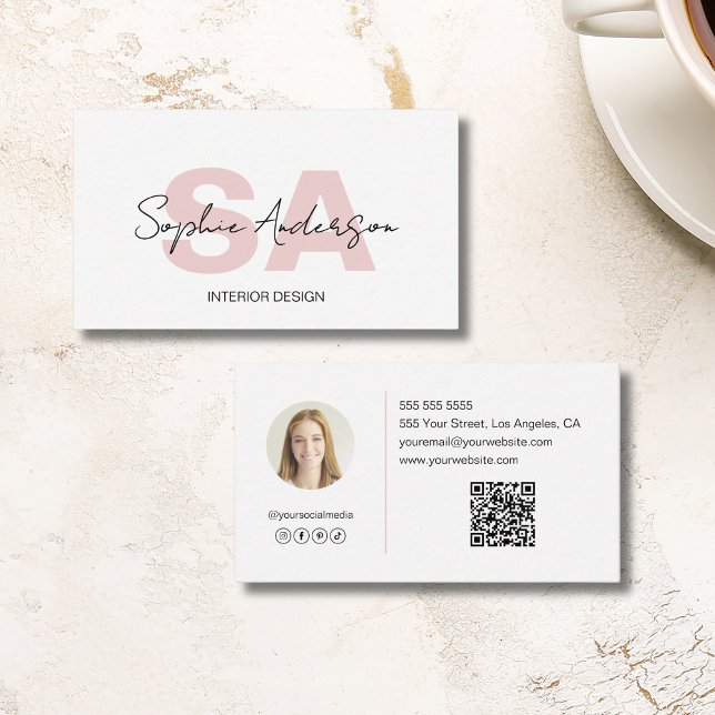 Carte De Visite Monogramme blanc rose moderne (Modern Monogram White Pink Professional Business Card)