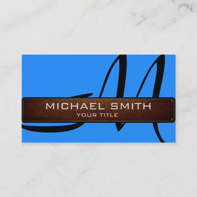 Carte De Visite Monogramme bleu cuir moderne look (Devant)