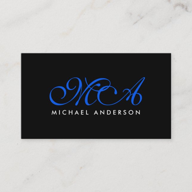 Carte De Visite Monogramme bleu foncé Élégant Script Arrière - pla (Devant)