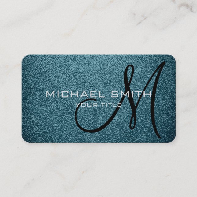 Carte De Visite Monogramme Bleu Lagon Look en cuir (Devant)
