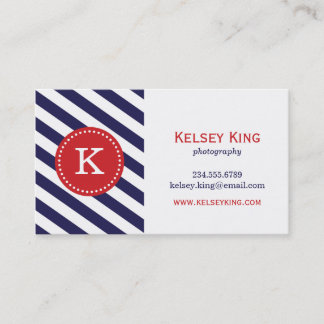 Carte De Visite Monogramme bleu marine et rouge Chevron rayures