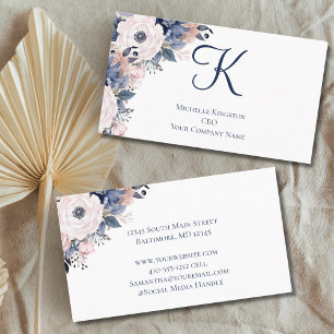 Carte De Visite Monogramme bleu marine rose floral femmes