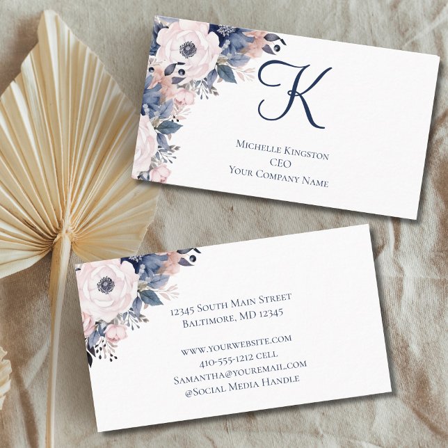 Carte De Visite Monogramme bleu marine rose floral femmes (Navy Blue Pink Floral Feminine Business Cards for her.)