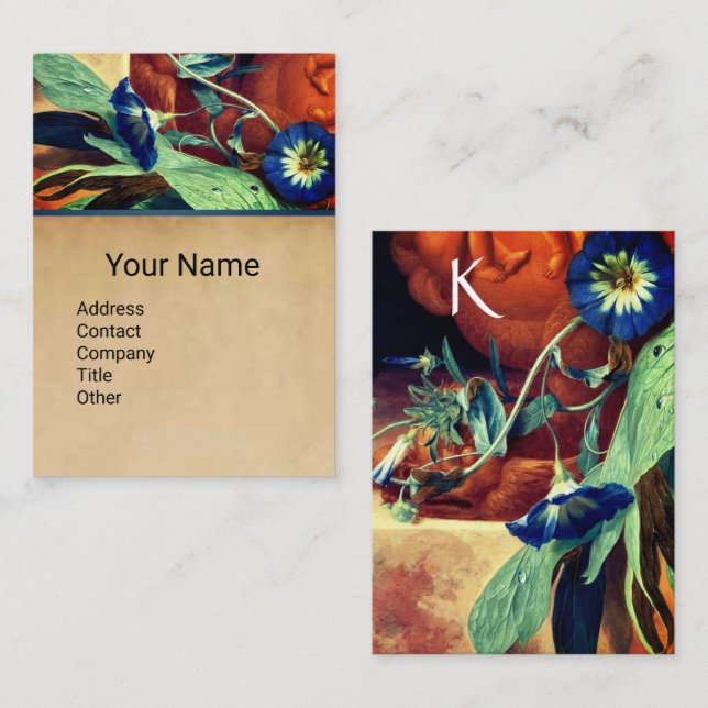 CARTE DE VISITE MONOGRAMME BLEU MATIN GLORIES FLORAL PARCHMENT MON (Devant / Derrière)