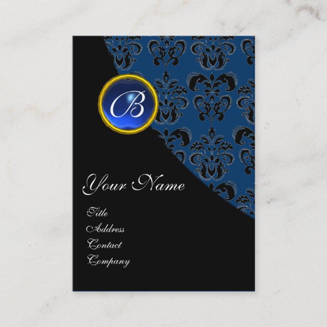 CARTE DE VISITE MONOGRAMME BLEU SAPPHIRE BLACK DAMASK (Devant)