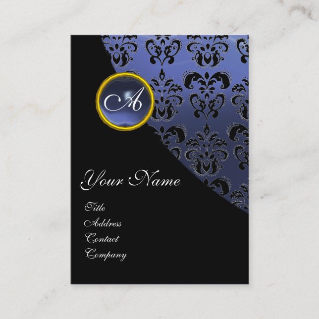 CARTE DE VISITE MONOGRAMME BLEU TOPAZ DAMASK, (Devant)