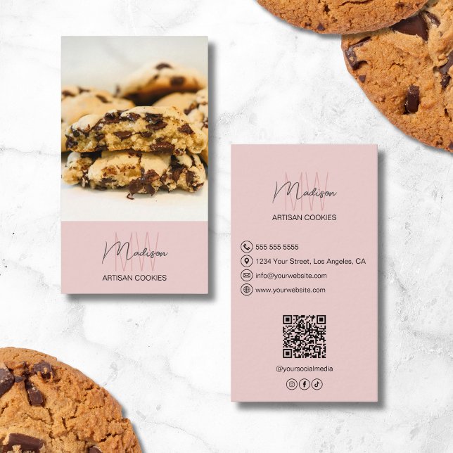 Carte De Visite Monogramme Boulangerie logo QR rose (Monogram Logo Bakery QR Pink Business Card)