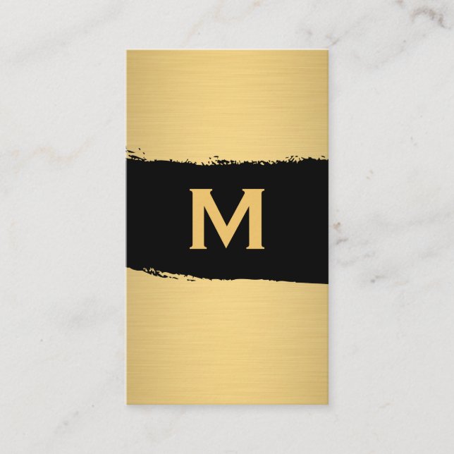 Carte De Visite Monogramme chic sur noir/or brossé (Devant)