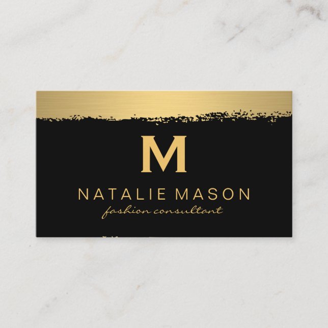 Carte De Visite Monogramme chic sur noir/or brossé (Devant)