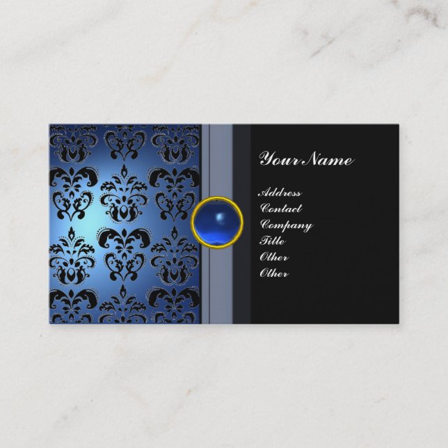 Carte De Visite MONOGRAMME CLASSY DAMASK GEM noir bleu (Devant)