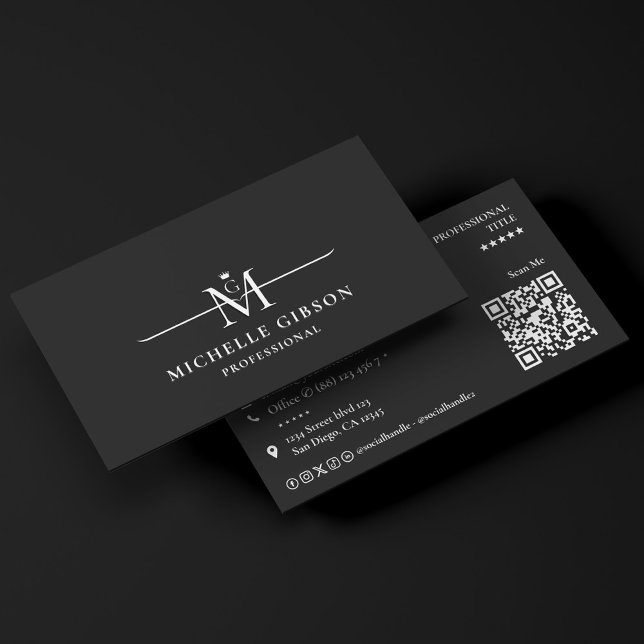 Carte De Visite Monogramme Couronne Initiales Minimales Marketing  (Minimal Initials Crown Monogram Black Marketing Business Card
)
