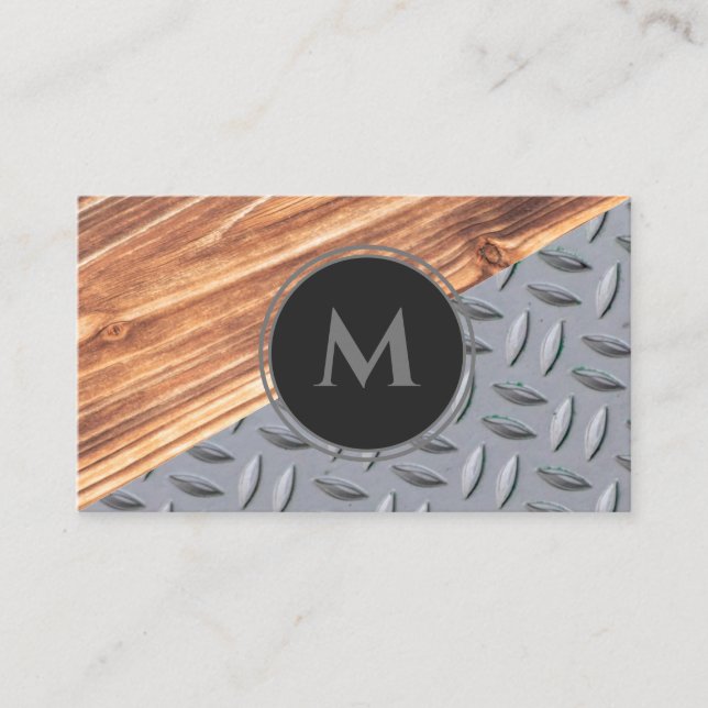 Carte De Visite Monogramme d'acier diamant de surface de bois orga (Devant)