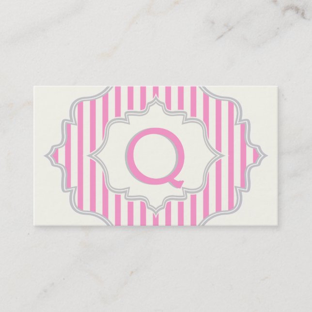 Carte De Visite Monogramme dans un cadre à rayures roses, blanches (Devant)