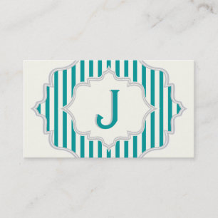 Carte De Visite Monogramme dans un cadre à rayures turquoises et b