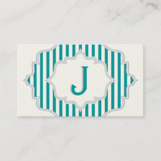Carte De Visite Monogramme dans un cadre à rayures turquoises et b