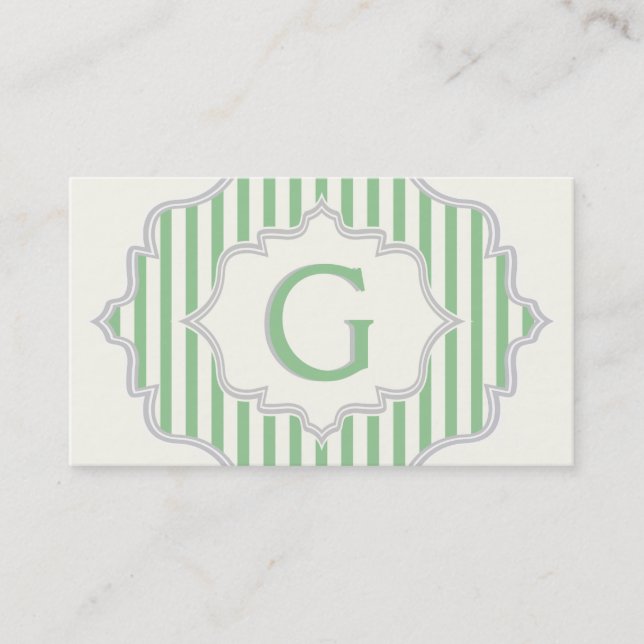 Carte De Visite Monogramme dans un cadre à rayures vertes et blanc (Devant)