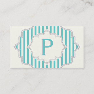 Carte De Visite Monogramme dans un cadre avec aqua, rayures blanch