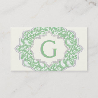 Carte De Visite Monogramme dans un cadre avec cachemire vert, blan