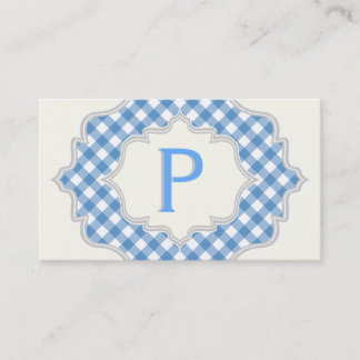Carte De Visite Monogramme dans un cadre avec en vichy bleu, blanc