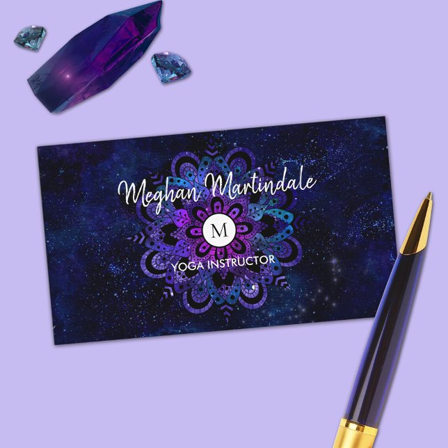 Carte De Visite Monogramme d'aquarelle bleu Mandala Galaxy Boho Yo (Créateur téléchargé)