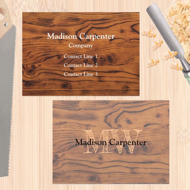 Carte De Visite Monogramme de charpentier en bois brun brûlé rusti (Custom business card for men, carpenter, wood worker, handy man... )