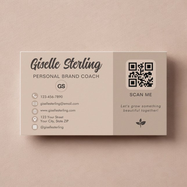 Carte De Visite Monogramme de code QR beige neutre sur les réseaux (Créateur téléchargé)