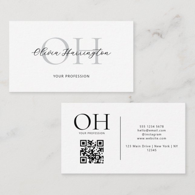 Carte De Visite Monogramme de code QR de script noir blanc moderne (Devant / Derrière)