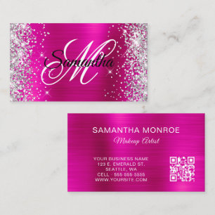 Carte De Visite Monogramme de code QR et paillettes argentées rose