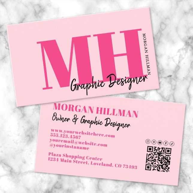 Carte De Visite Monogramme de code QR moderne rose vif (Hot Pink Modern QR Code Monogram Business Card)