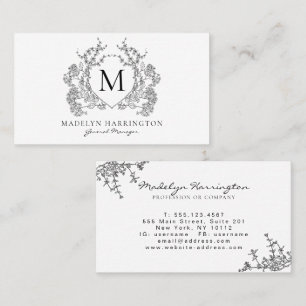 Carte De Visite Monogramme de crête florale noir et blanc classiqu
