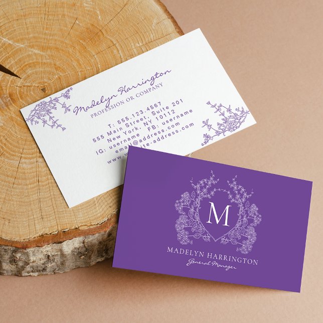 Carte De Visite Monogramme de crête florale violette moderne (Créateur téléchargé)