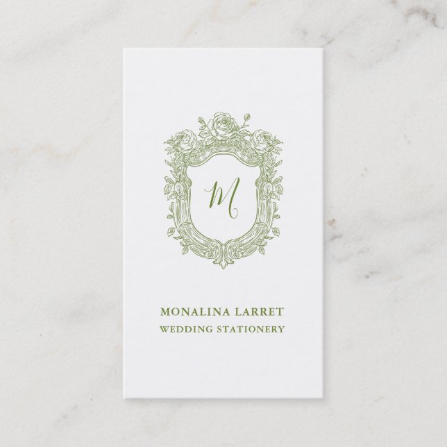 Carte De Visite Monogramme de crête Rose verte classique (Devant)