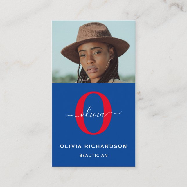 Carte De Visite Monogramme de fille Nom du script Bleu Blanc Rouge (Devant)