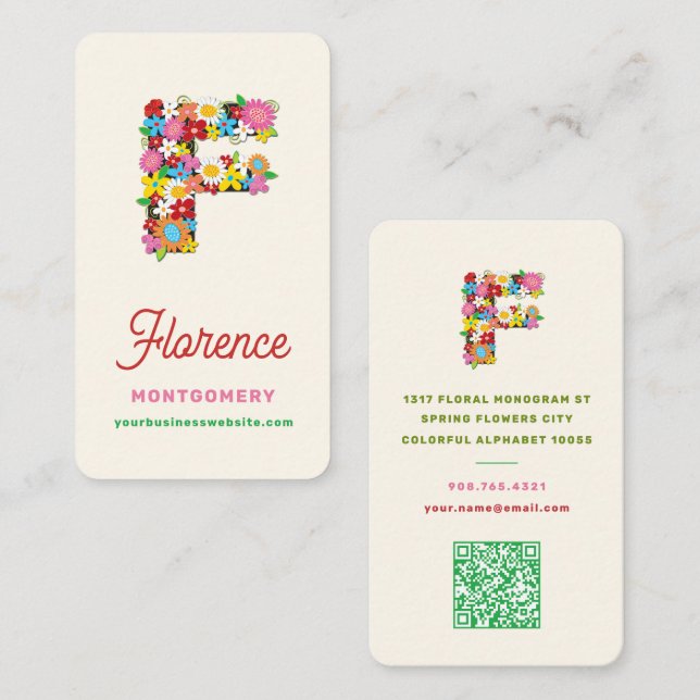 Carte De Visite Monogramme de lettre F de l'alphabet de floraison  (Devant / Derrière)