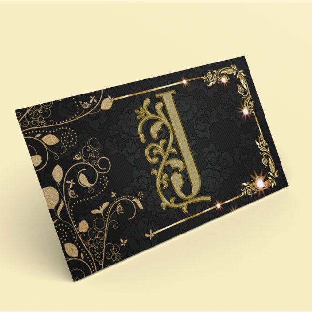 Carte De Visite Monogramme de luxe Étincelle Noire (Créateur téléchargé)