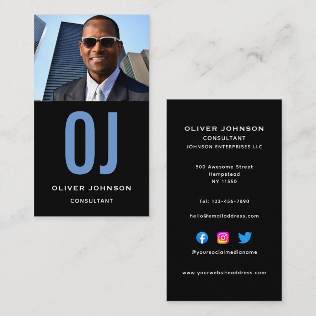 Carte De Visite Monogramme de médias sociaux verticaux noir bleu b (Devant / Derrière)