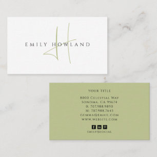 Carte De Visite Monogramme de nom de script vert sauge minimaliste
