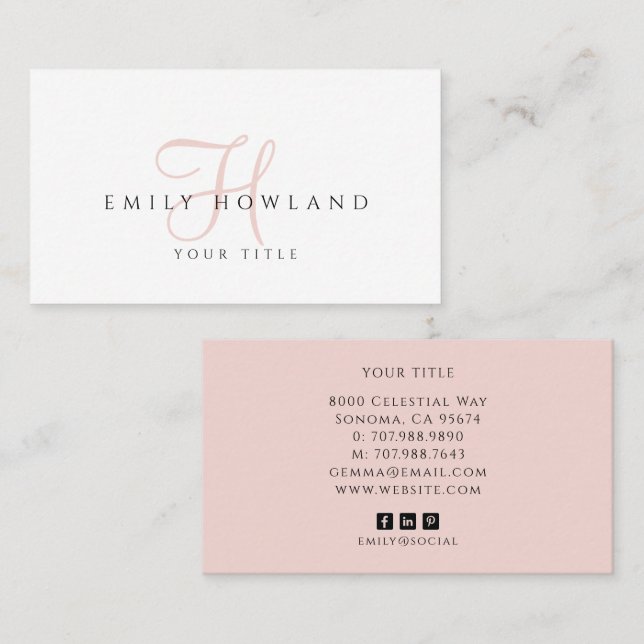 Carte De Visite Monogramme de nom en écriture rose blush minimalis (Devant / Derrière)