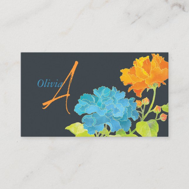 Carte De Visite Monogramme de pivoine orange bleu (Devant)