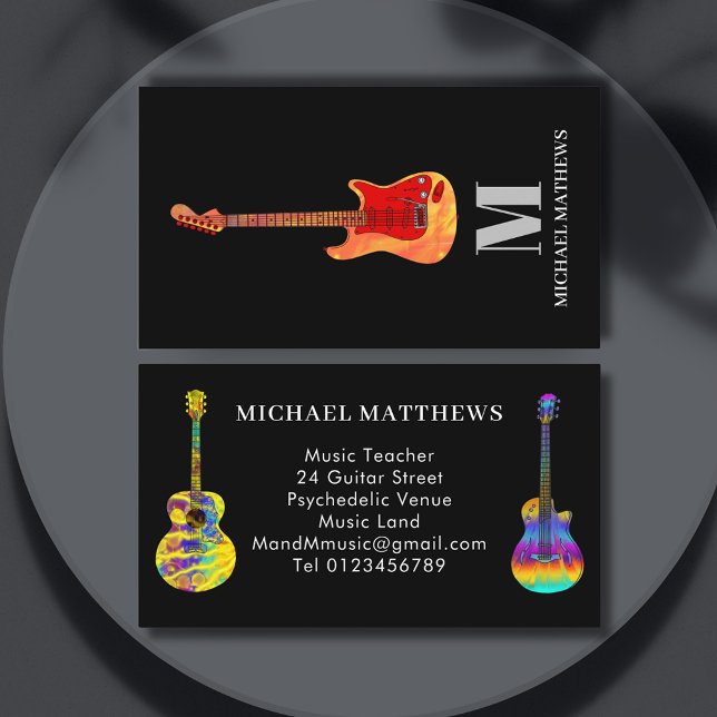 Carte De Visite Monogramme de professeur de musique guitare (Fire guitar on black music teacher professional musician business card)