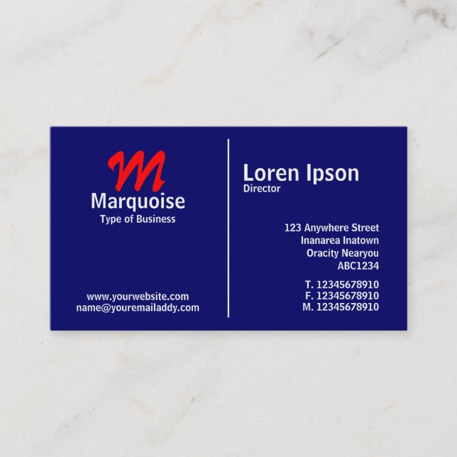 Carte De Visite Monogramme de règle moyenne blanche - bleu foncé (Devant)