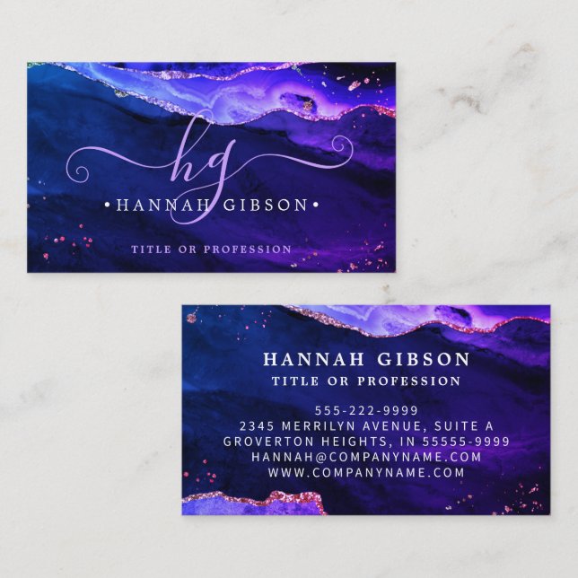 Carte De Visite Monogramme de script en agate violet rose bleu mys (Devant / Derrière)